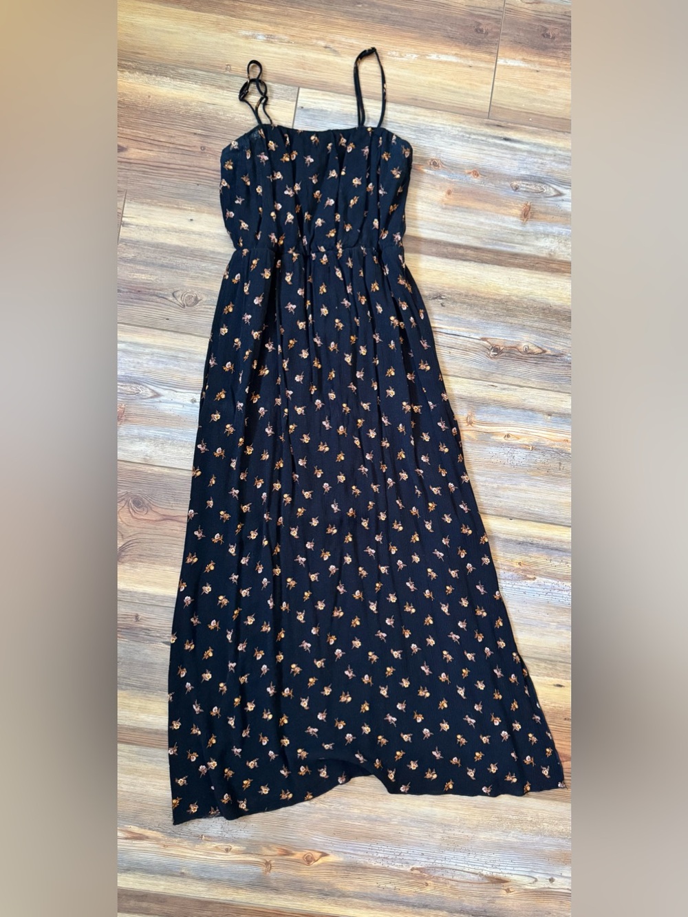 Black Maxi Dress with Rust Floral Print and Adjustable Straps